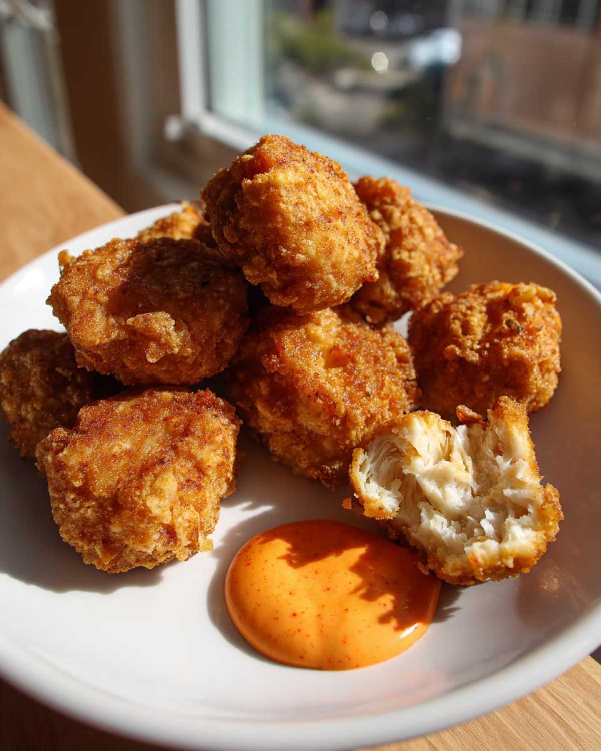 A pile of golden brown Crispy Chicken Nuggets served with a dollop of orange spicy mayo on a white plate.