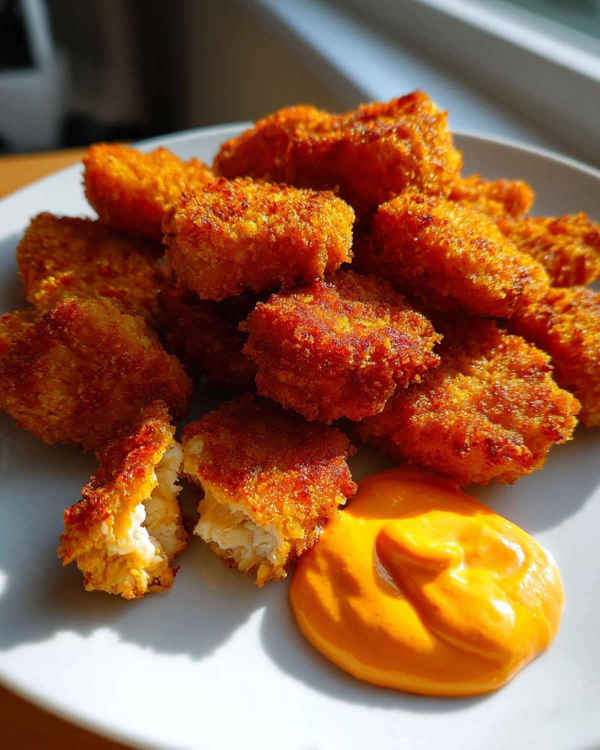 A pile of golden brown Crispy Chicken Nuggets with Spicy Mayo served on a white plate.