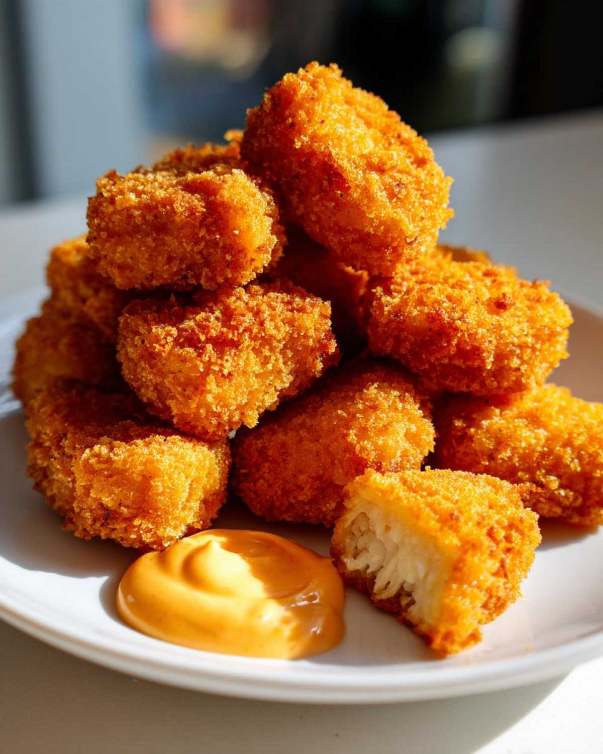 A pile of golden brown Crispy Chicken Nuggets with Spicy Mayo on a white plate, one nugget is broken open.