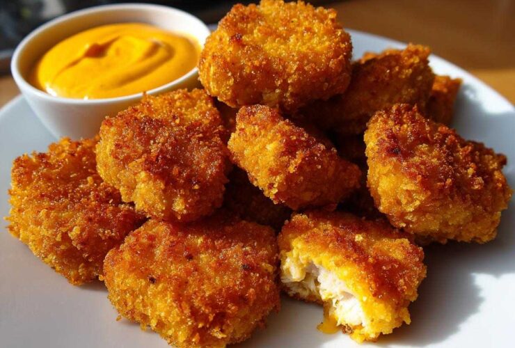 A pile of golden brown, crispy chicken nuggets served with a small bowl of bright orange spicy mayo.