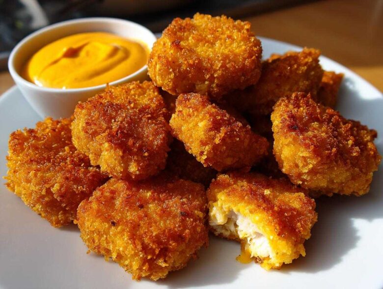 A pile of golden brown, crispy chicken nuggets served with a small bowl of bright orange spicy mayo.