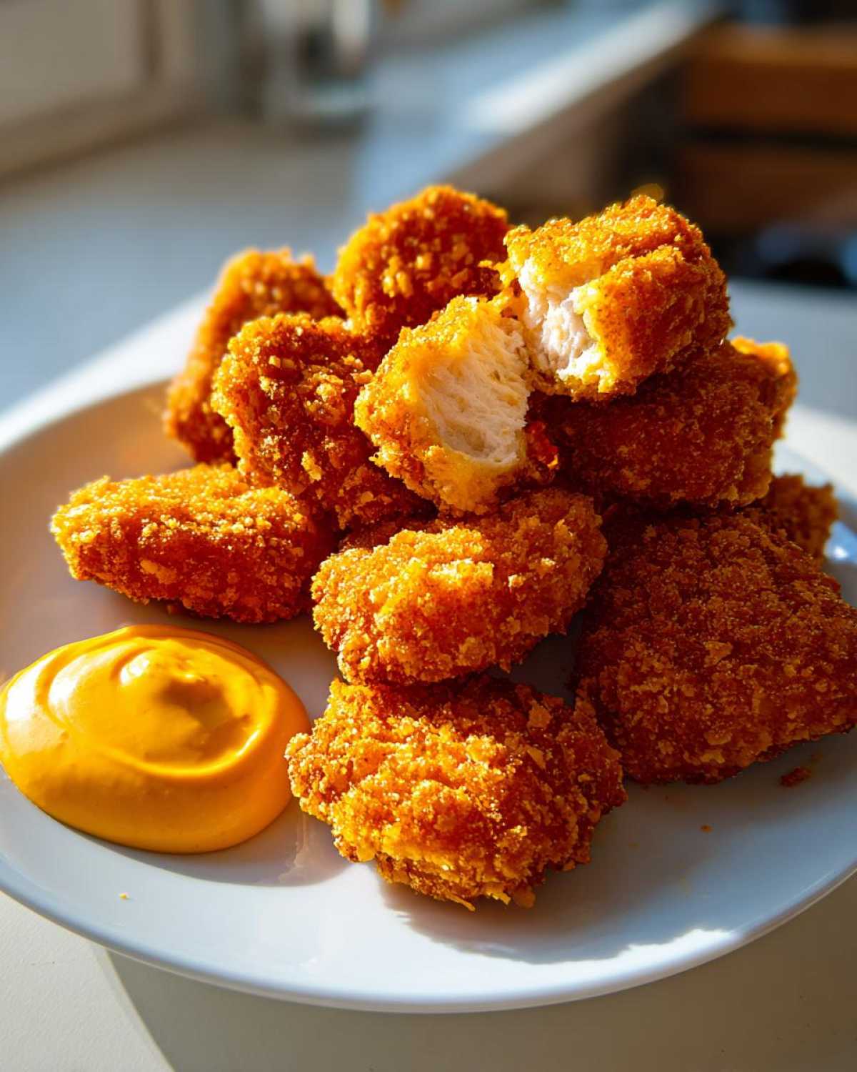A pile of golden brown Crispy Chicken Nuggets served on a white plate next to a dollop of bright orange Spicy Mayo.