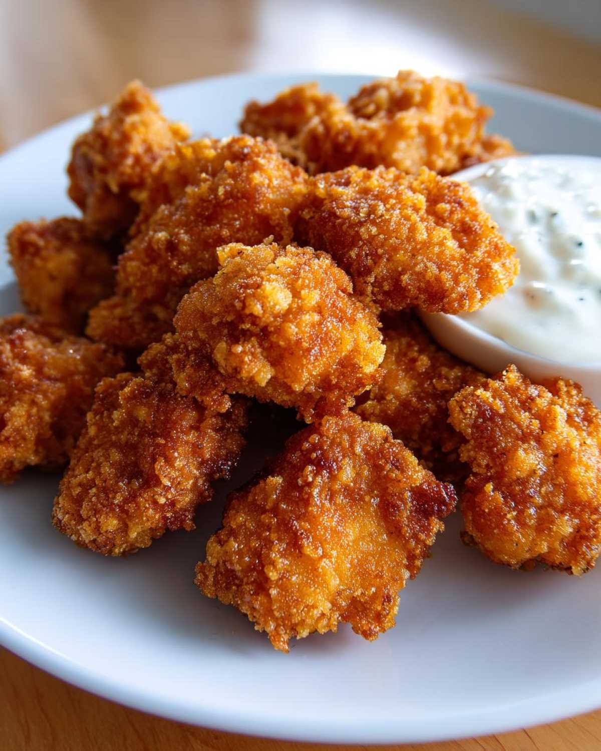 A pile of golden brown, crispy chicken nuggets served on a white plate next to a small bowl of creamy ranch dip.
