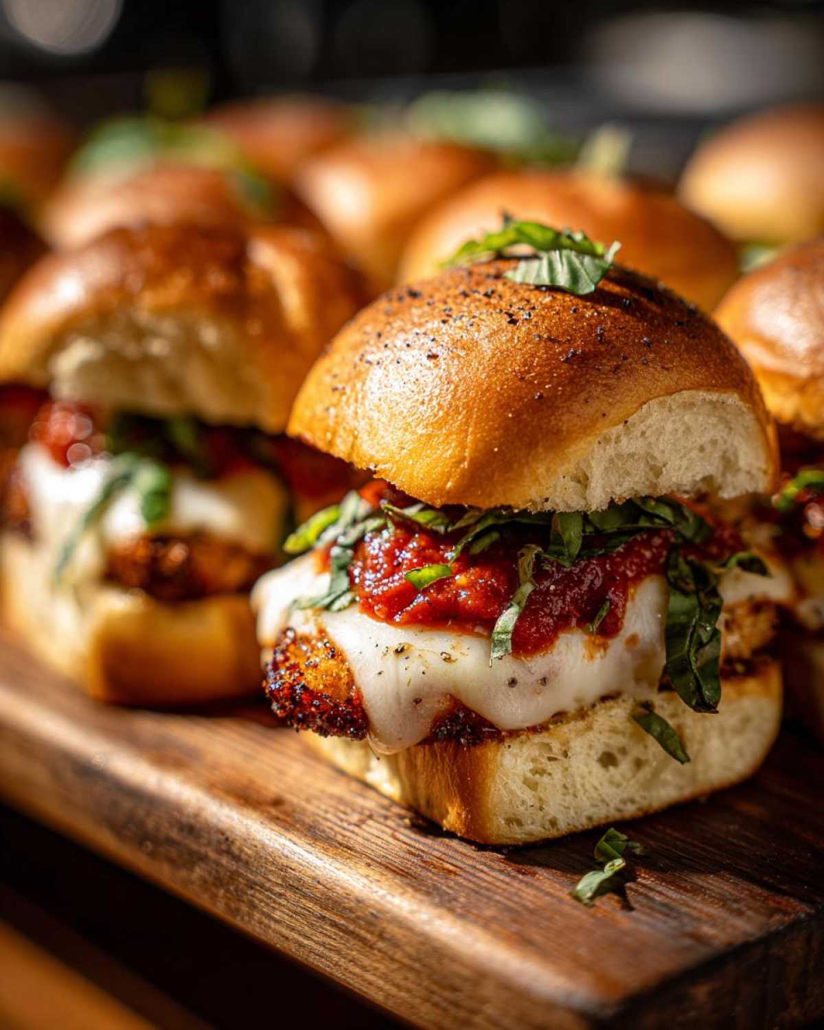 A close-up of one of the Crispy Chicken Parmesan Sliders with melted cheese, marinara sauce, and fresh basil on a wooden board.