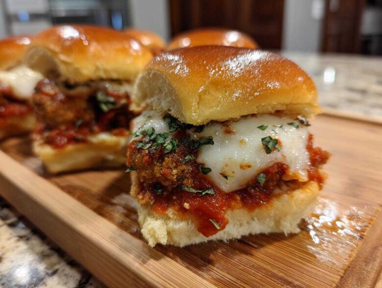 A close-up of one of the Crispy Chicken Parmesan Sliders with melted mozzarella cheese and parsley on a wooden board.