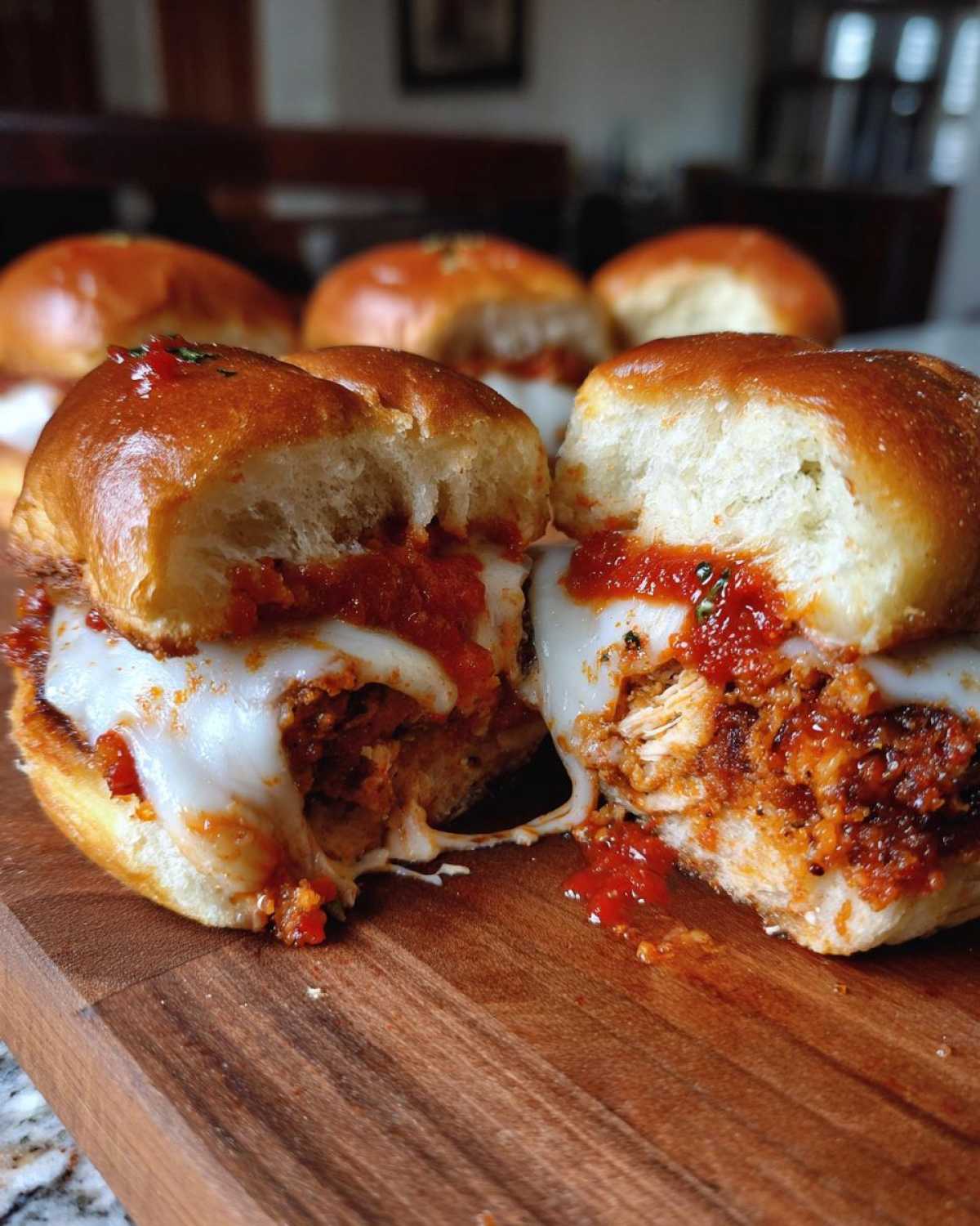 Close-up of Crispy Chicken Parmesan Sliders cut in half showing melted cheese and marinara sauce.