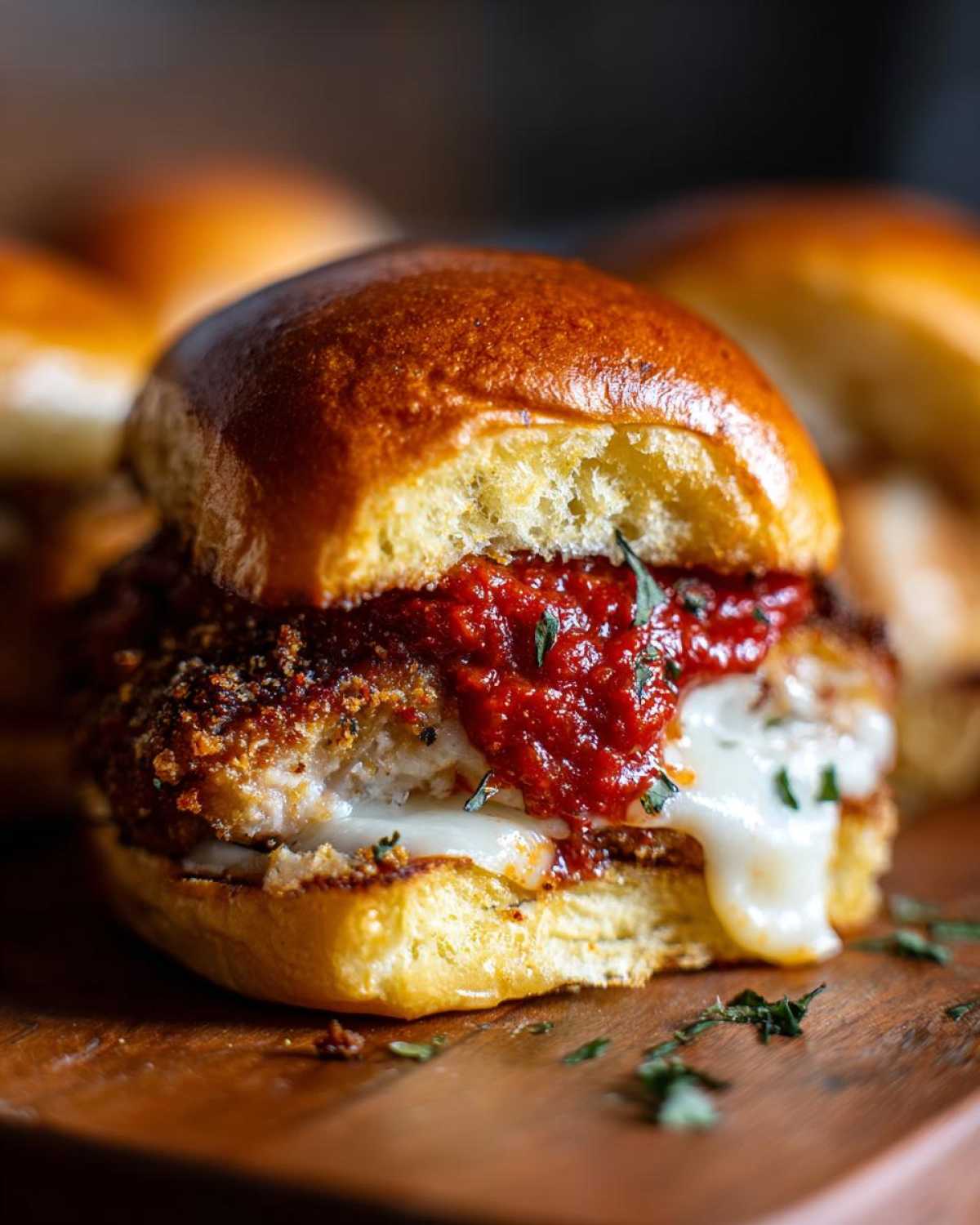 A close-up of a Crispy Chicken Parmesan Slider featuring melted cheese and marinara sauce on a soft bun.