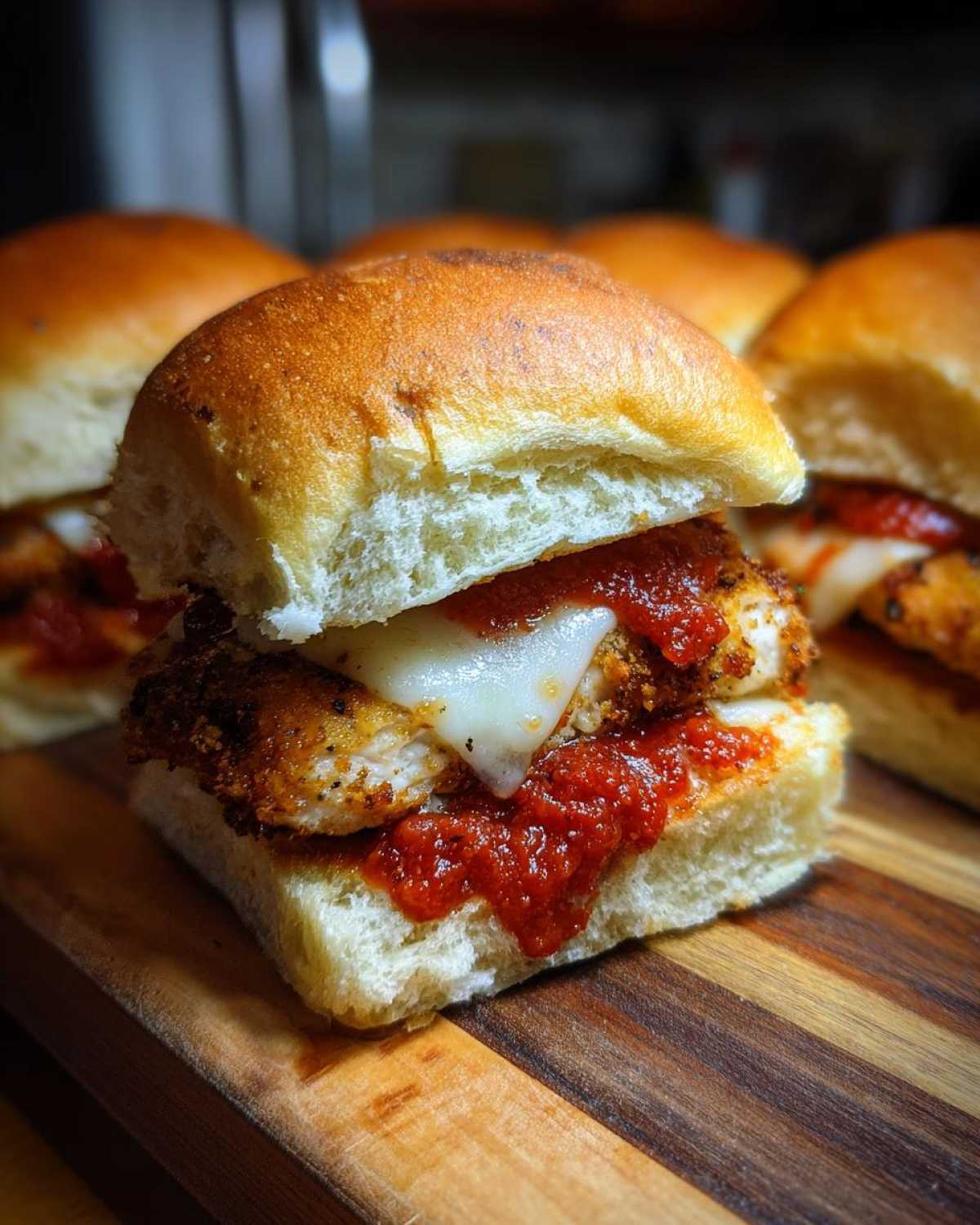 A close-up of a Crispy Chicken Parmesan Slider featuring a crispy chicken patty, melted mozzarella cheese, and marinara sauce on a soft slider bun.