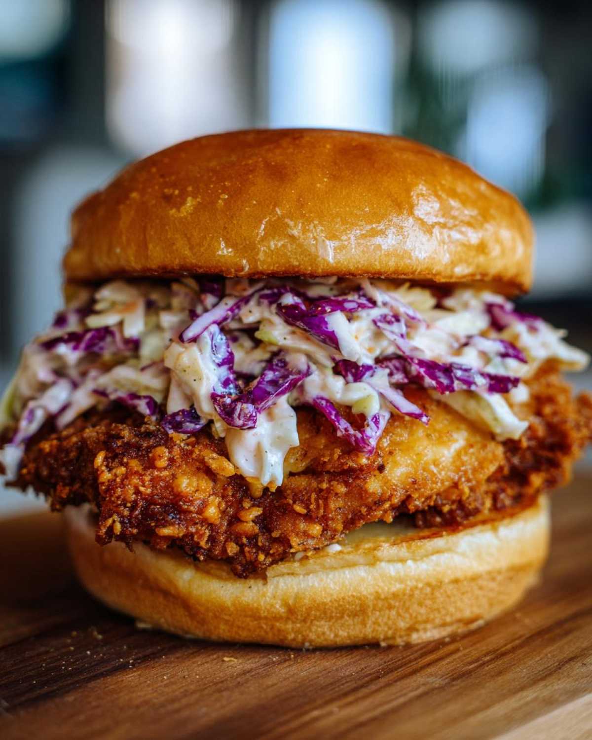 A close-up of a Crispy Chicken Sandwich with Creamy Slaw piled high on a brioche bun.
