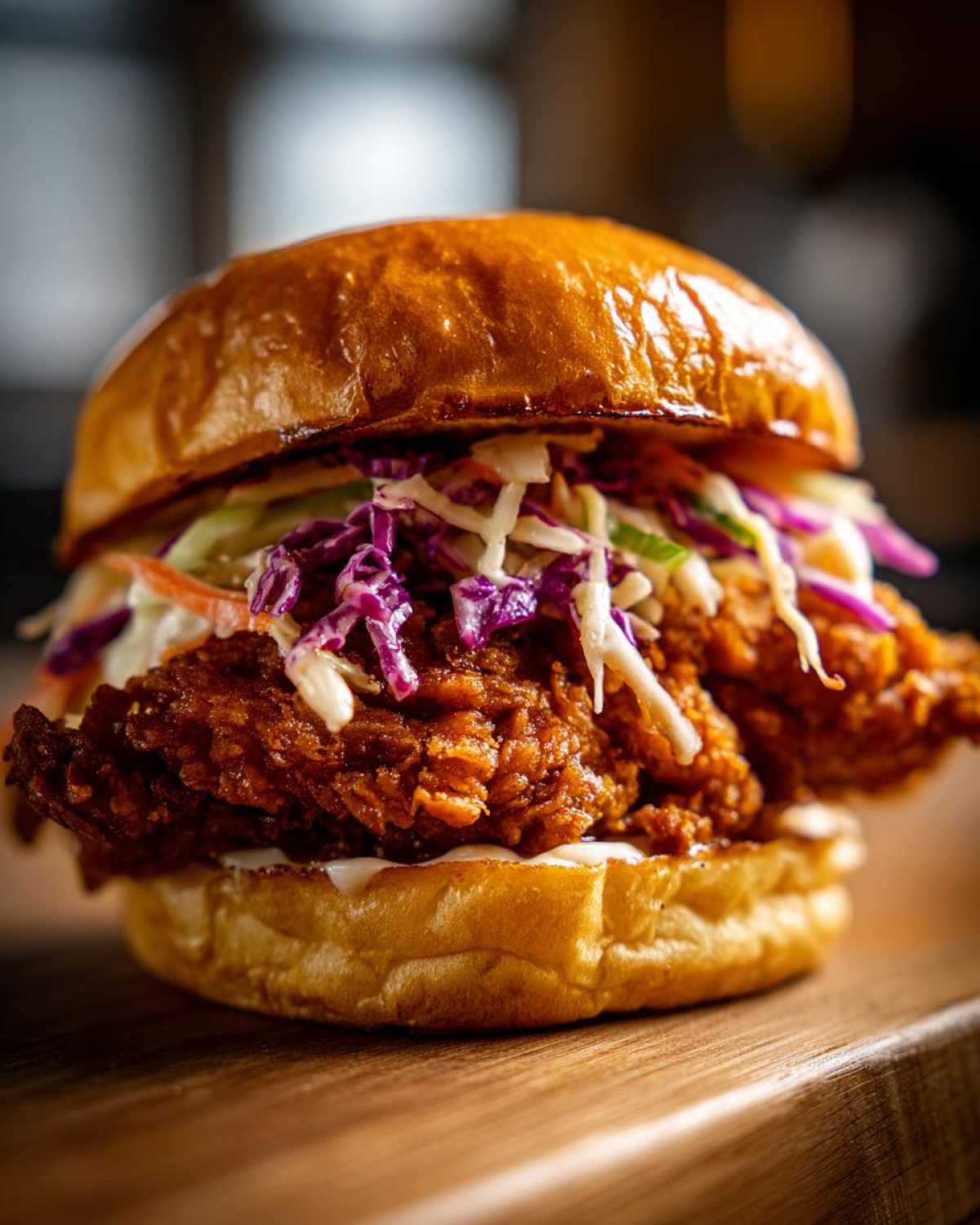 Close-up of a Crispy Chicken Sandwich featuring a thick, dark-fried chicken fillet topped with vibrant red and white creamy slaw.