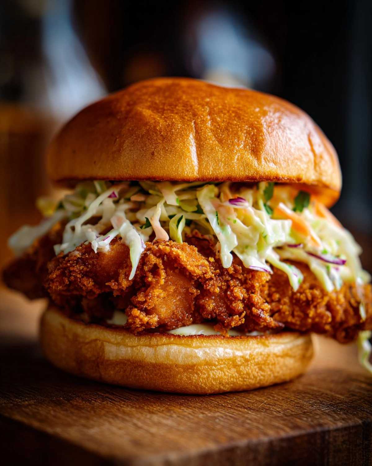 A perfectly assembled Crispy Chicken Sandwich with Creamy Slaw piled high on a brioche bun, resting on a wooden board.