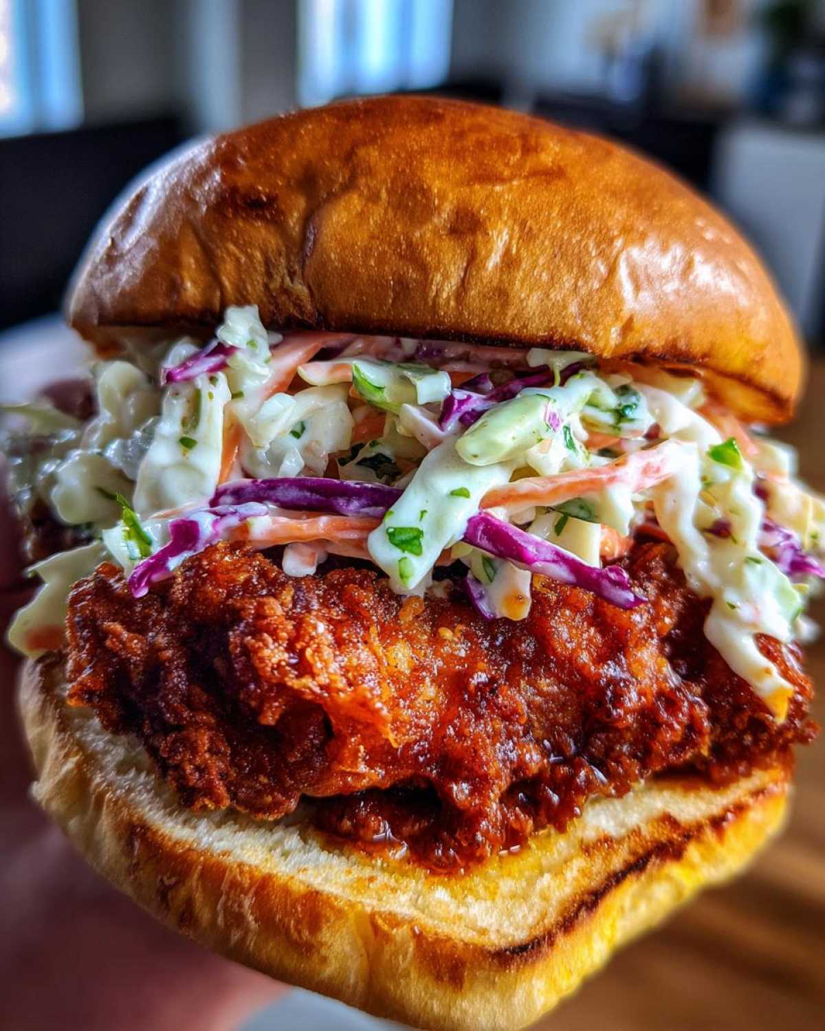 A close-up of a towering Crispy Chicken Sandwich with Creamy Slaw piled high on a brioche bun.