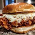 Close-up of a Crispy Chicken Sandwich with Garlic Parmesan Sauce topped with melted white cheese.