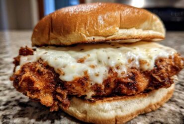 Close-up of a Crispy Chicken Sandwich with Garlic Parmesan Sauce topped with melted white cheese.