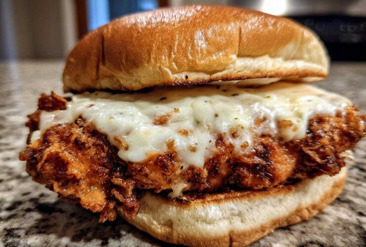 Close-up of a Crispy Chicken Sandwich with Garlic Parmesan Sauce topped with melted white cheese.
