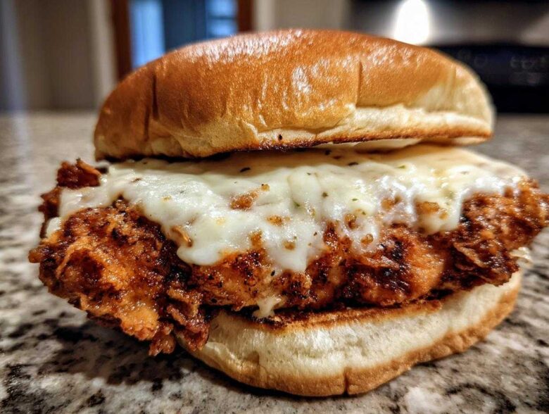 Close-up of a Crispy Chicken Sandwich with Garlic Parmesan Sauce topped with melted white cheese.