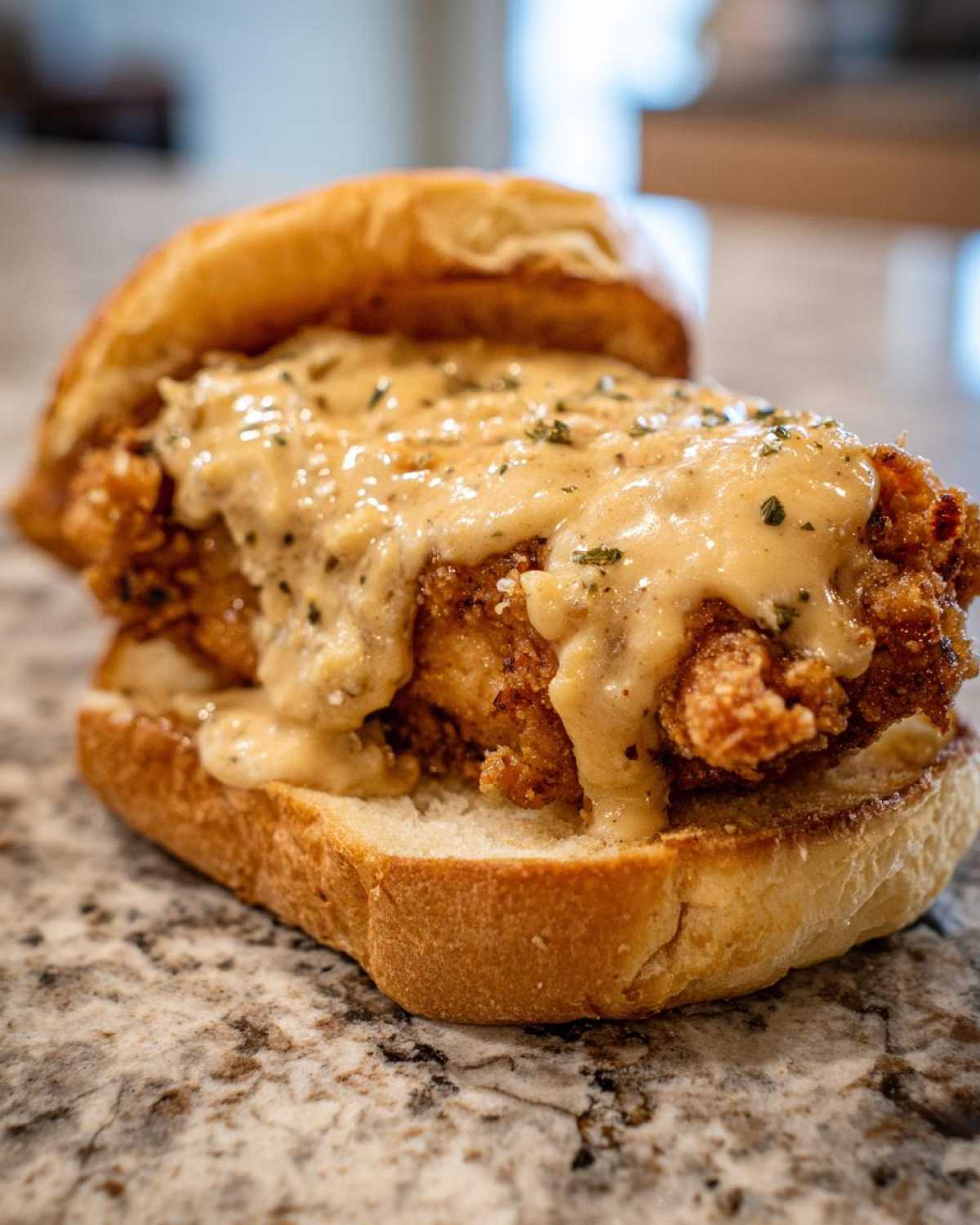 Close-up of a Crispy Chicken Sandwich with Garlic Parmesan Sauce generously poured over the fried chicken fillet.