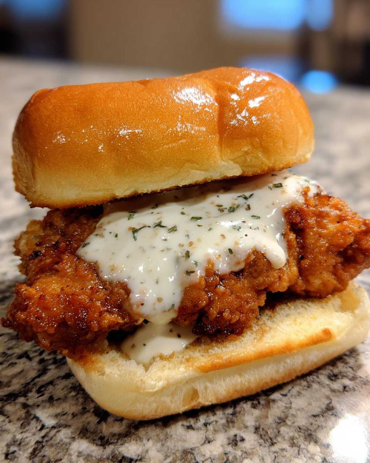 A close-up of a Crispy Chicken Sandwich with Garlic Parmesan Sauce on a brioche bun, sitting on a granite counter.
