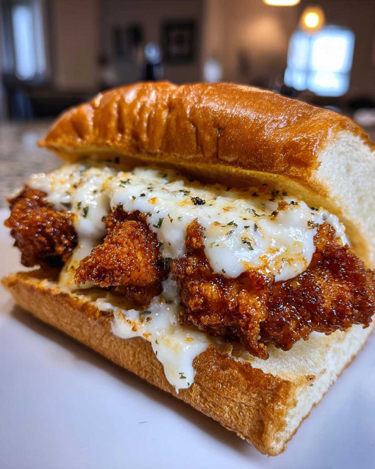 A close-up of a Crispy Chicken Sandwich with Garlic Parmesan Sauce dripping over the fried chicken and toasted bun.