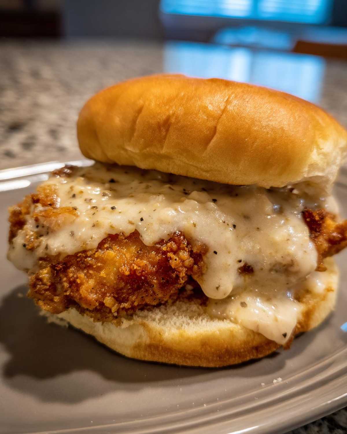 A close-up of a Crispy Chicken Sandwich with Garlic Parmesan Sauce dripping over the fried chicken fillet on a brioche bun.
