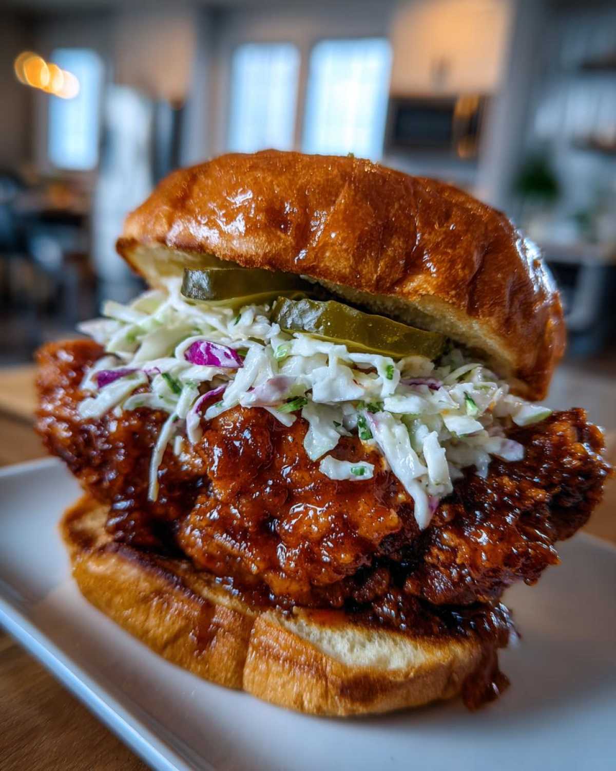 A thick, crispy chicken sandwich smothered in honey sauce, topped with coleslaw and pickles on a brioche bun.