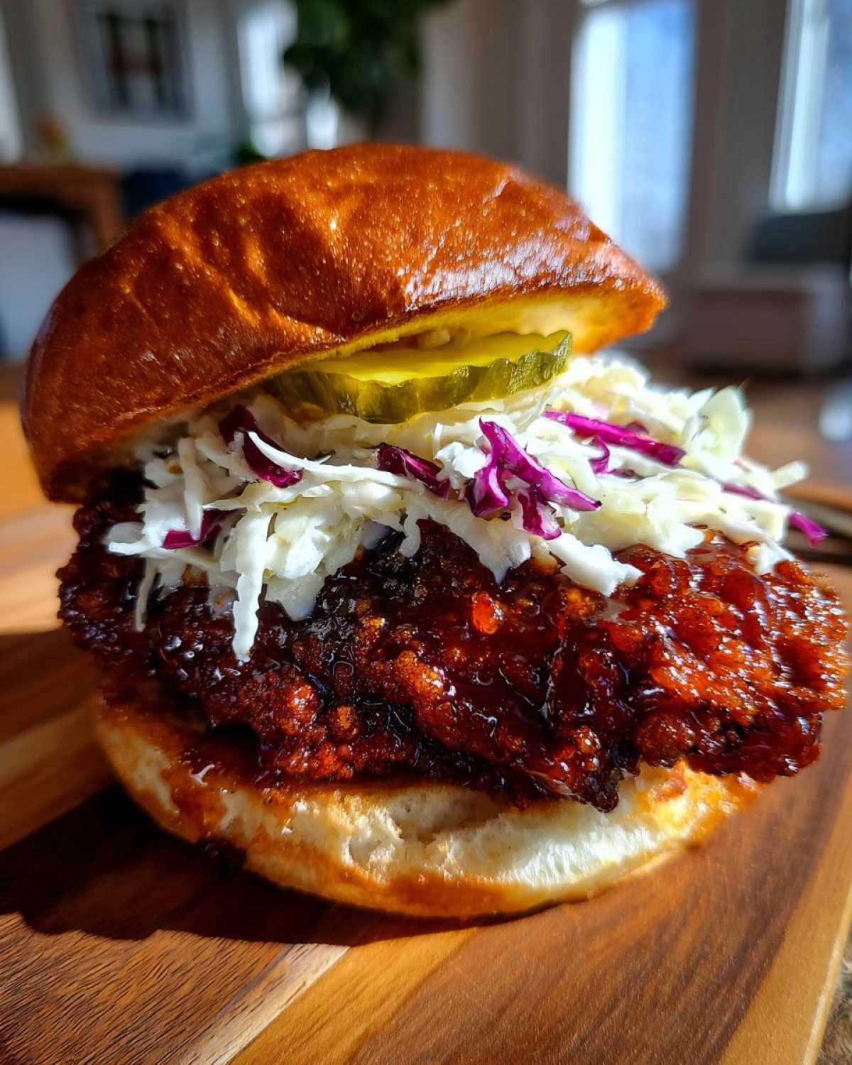 A close-up of a Crispy Chicken Sandwich with Honey Sauce, topped with coleslaw and pickles on a brioche bun.