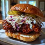 A close-up of a juicy Crispy Chicken Sandwich with Honey Sauce, topped with coleslaw and pickles on a brioche bun.