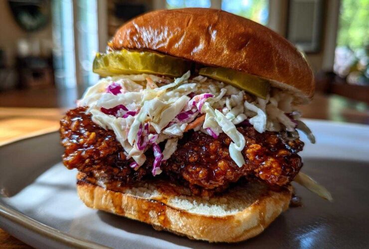 A close-up of a juicy Crispy Chicken Sandwich with Honey Sauce, topped with coleslaw and pickles on a brioche bun.