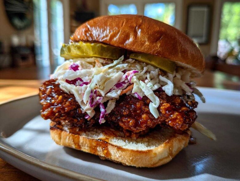 A close-up of a juicy Crispy Chicken Sandwich with Honey Sauce, topped with coleslaw and pickles on a brioche bun.