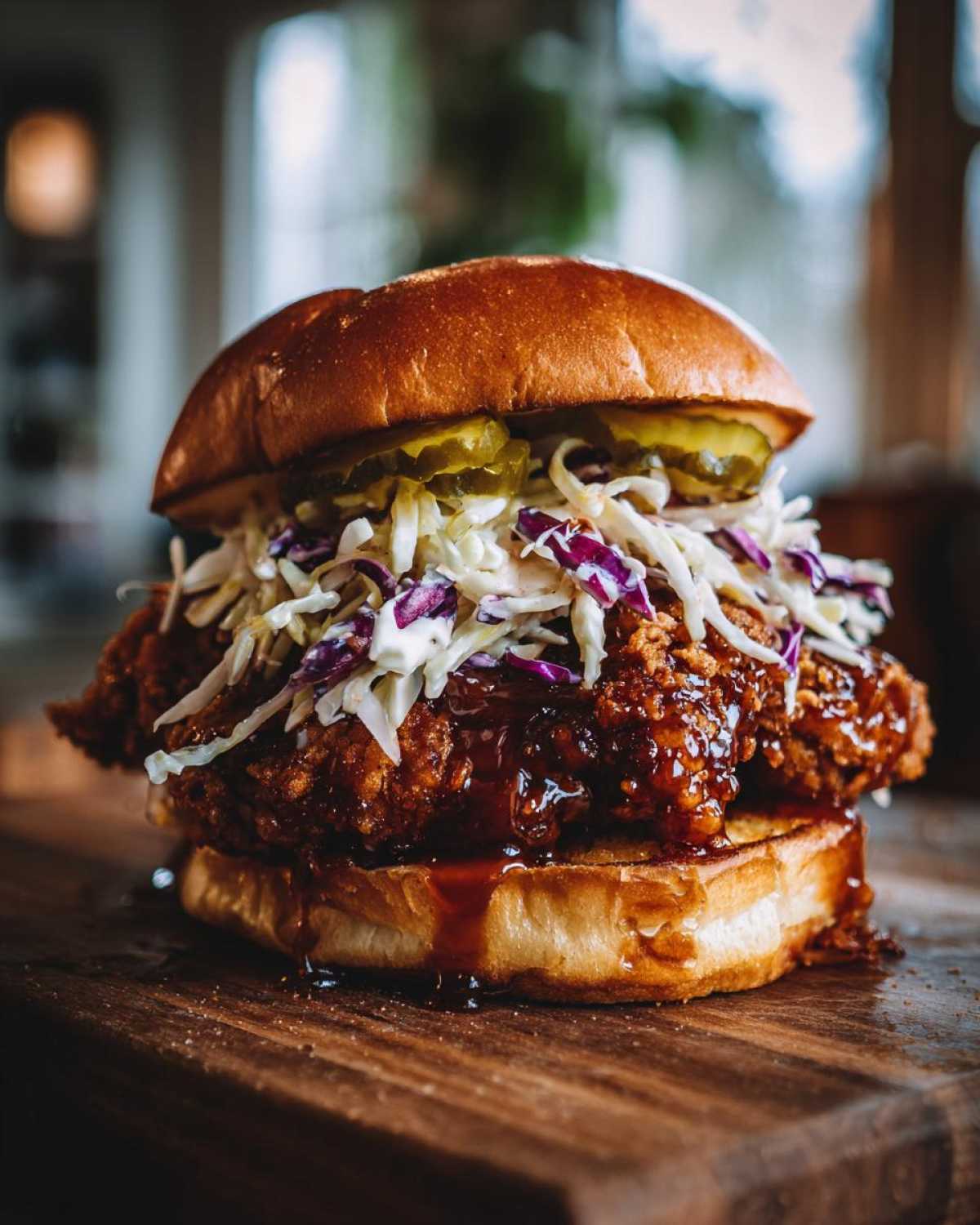 A towering Crispy Chicken Sandwich with Honey Sauce, topped with coleslaw and pickles on a brioche bun.