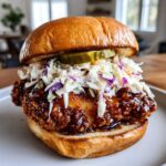 A juicy Crispy Chicken Sandwich with Honey Sauce topped with creamy coleslaw and a pickle slice on a brioche bun.