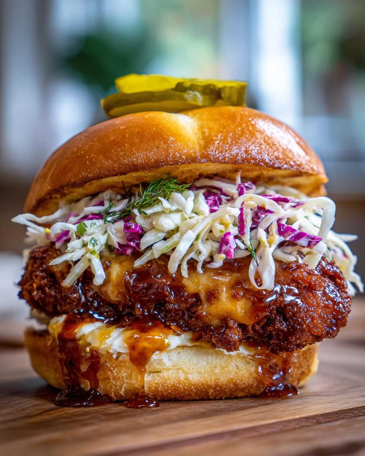 A towering Crispy Chicken Sandwich with Honey Sauce, topped with coleslaw and a pickle spear.