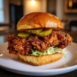 Close-up of a Crispy Chicken Sandwich with Spicy Honey Sauce, featuring a thick fried fillet, pickles, and shredded lettuce on a brioche bun.