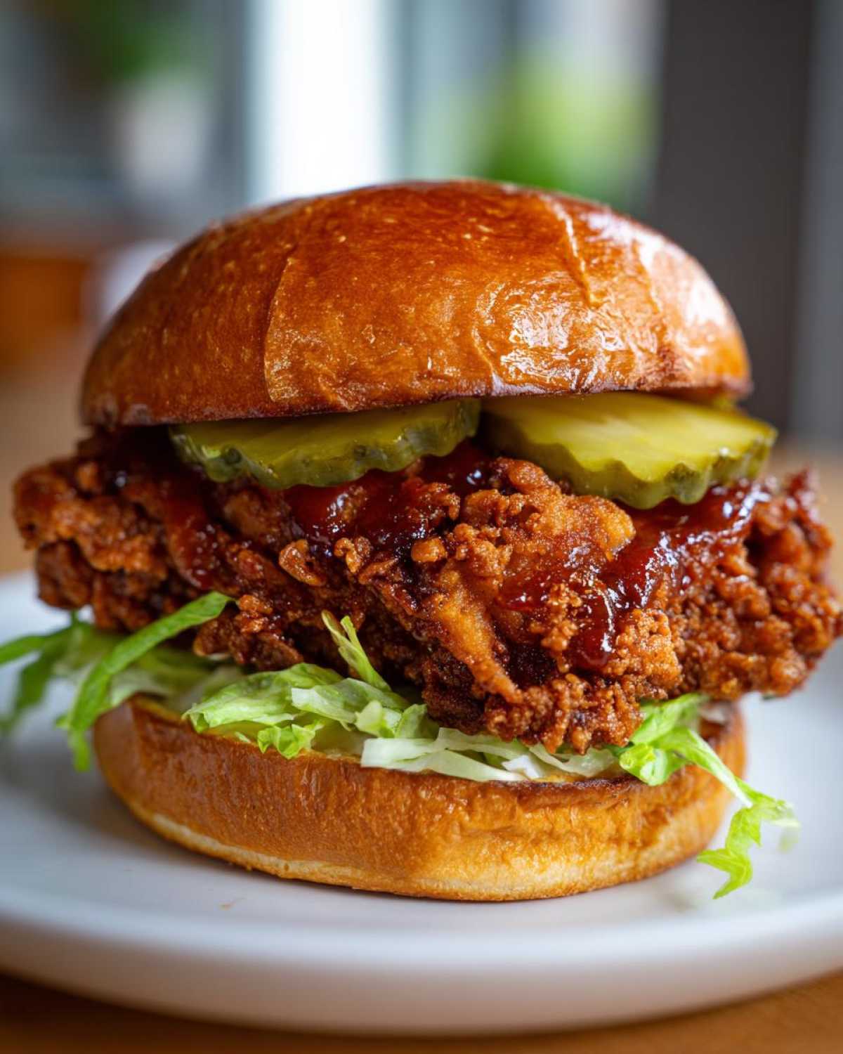 A close-up of a Crispy Chicken Sandwich with Spicy Honey Sauce, featuring a thick fried chicken patty, pickles, and lettuce on a brioche bun.
