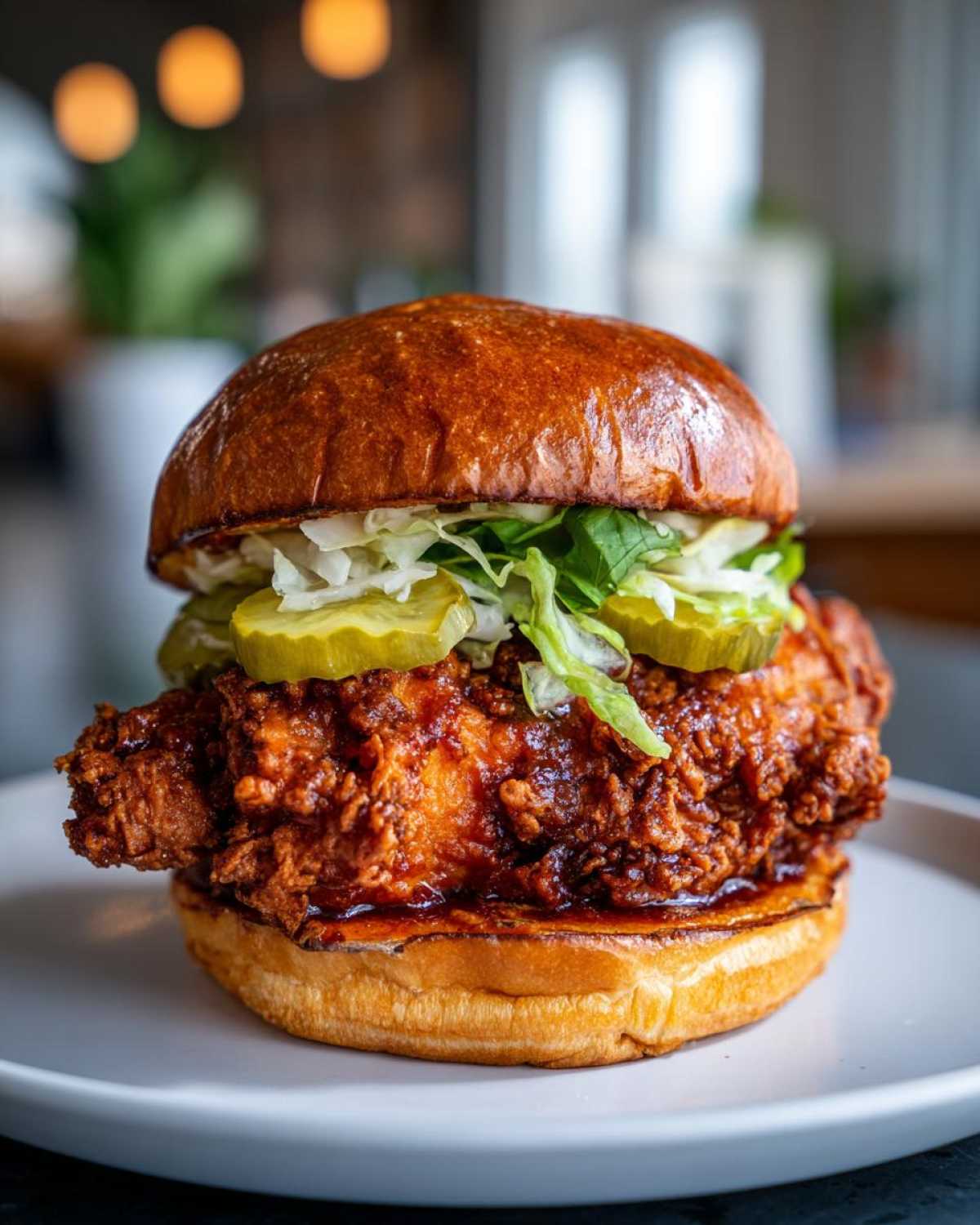 A close-up of a Crispy Chicken Sandwich with Spicy Honey Sauce on a brioche bun, topped with pickles and lettuce.