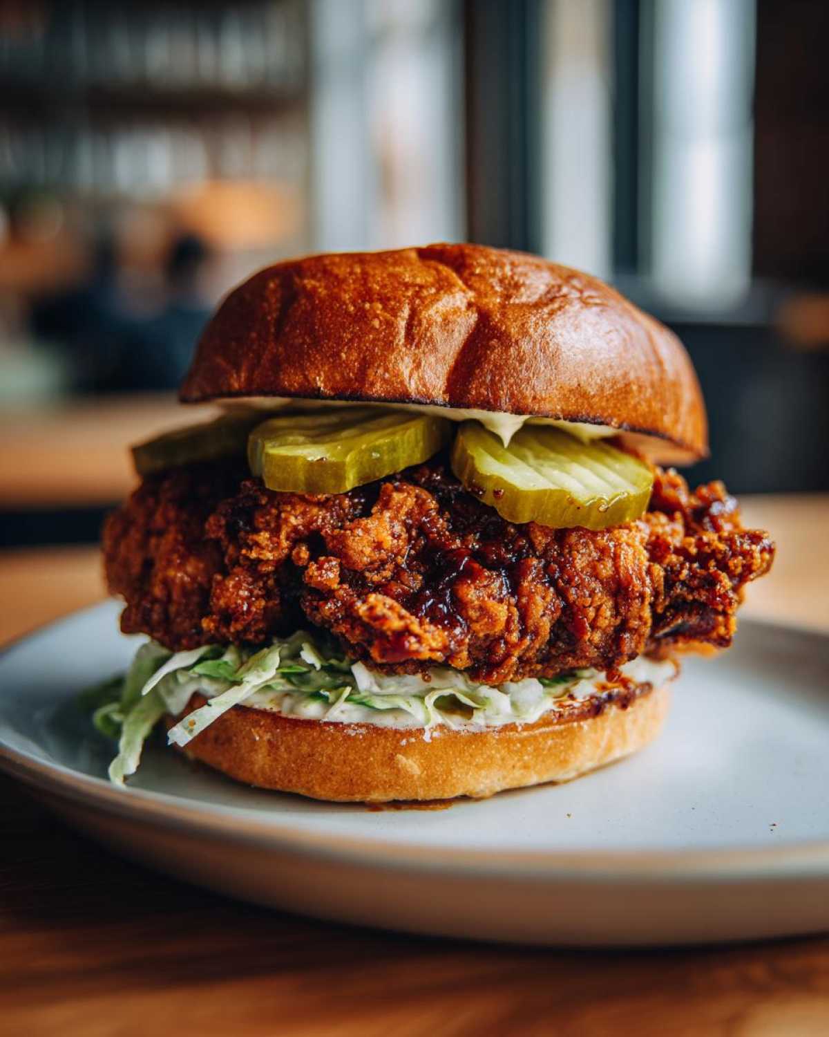 A tall, juicy Crispy Chicken Sandwich with Spicy Honey Sauce, topped with pickles and slaw on a brioche bun.