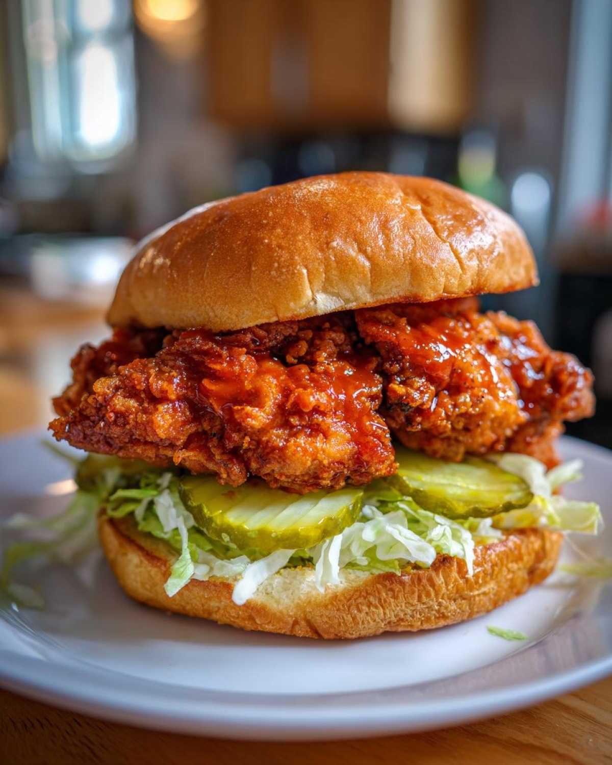 A close-up of a juicy Crispy Chicken Sandwich with Spicy Honey Sauce, pickles, and shredded lettuce on a brioche bun.