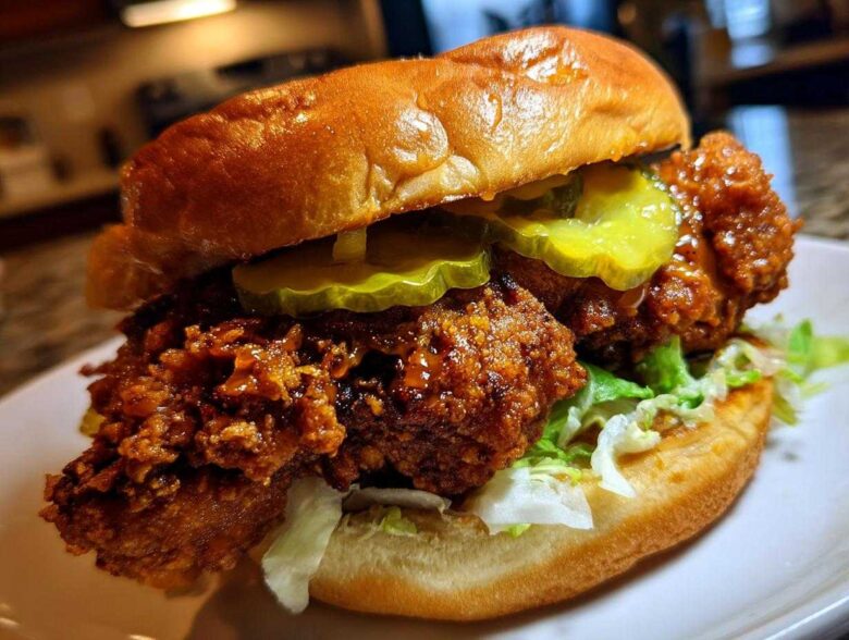 A close-up of a juicy Crispy Chicken Sandwich with Spicy Honey Sauce, topped with pickles and served on a brioche bun.