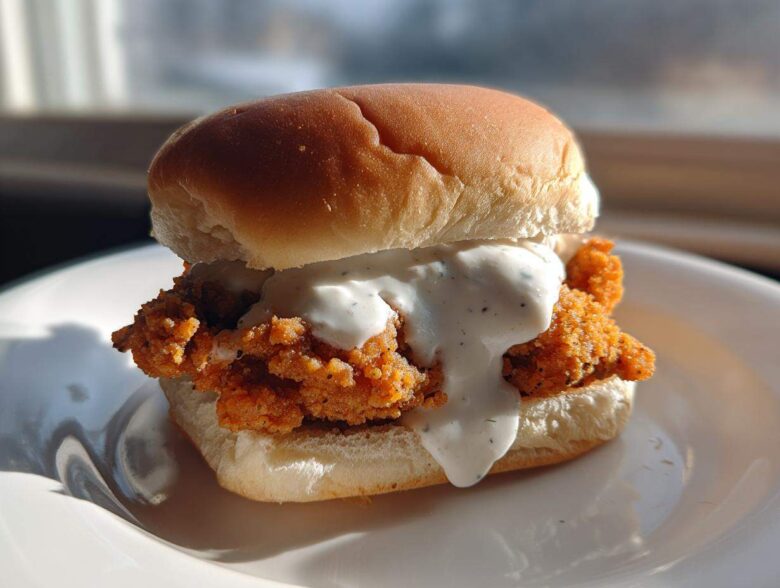 A single, delicious Crispy Chicken Slider generously topped with creamy garlic sauce, served on a white plate.