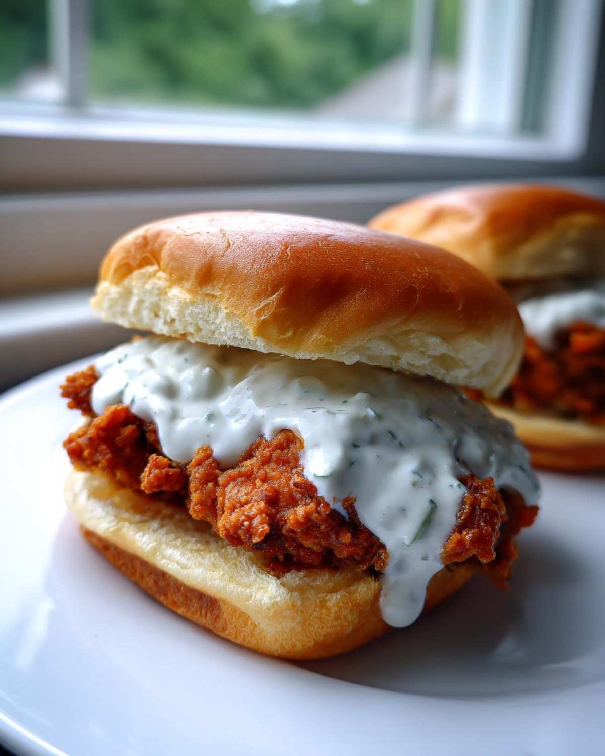 A close-up of a Crispy Chicken Sliders with Garlic Sauce on a white plate, featuring a golden bun and dripping white sauce.