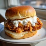 A close-up of a Crispy Chicken Sliders with Garlic Sauce served on a brioche bun on a white plate.