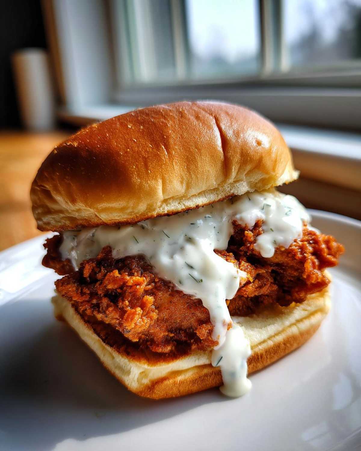 A close-up of a single Crispy Chicken Sliders with Garlic Sauce featuring a golden bun and dripping white sauce.