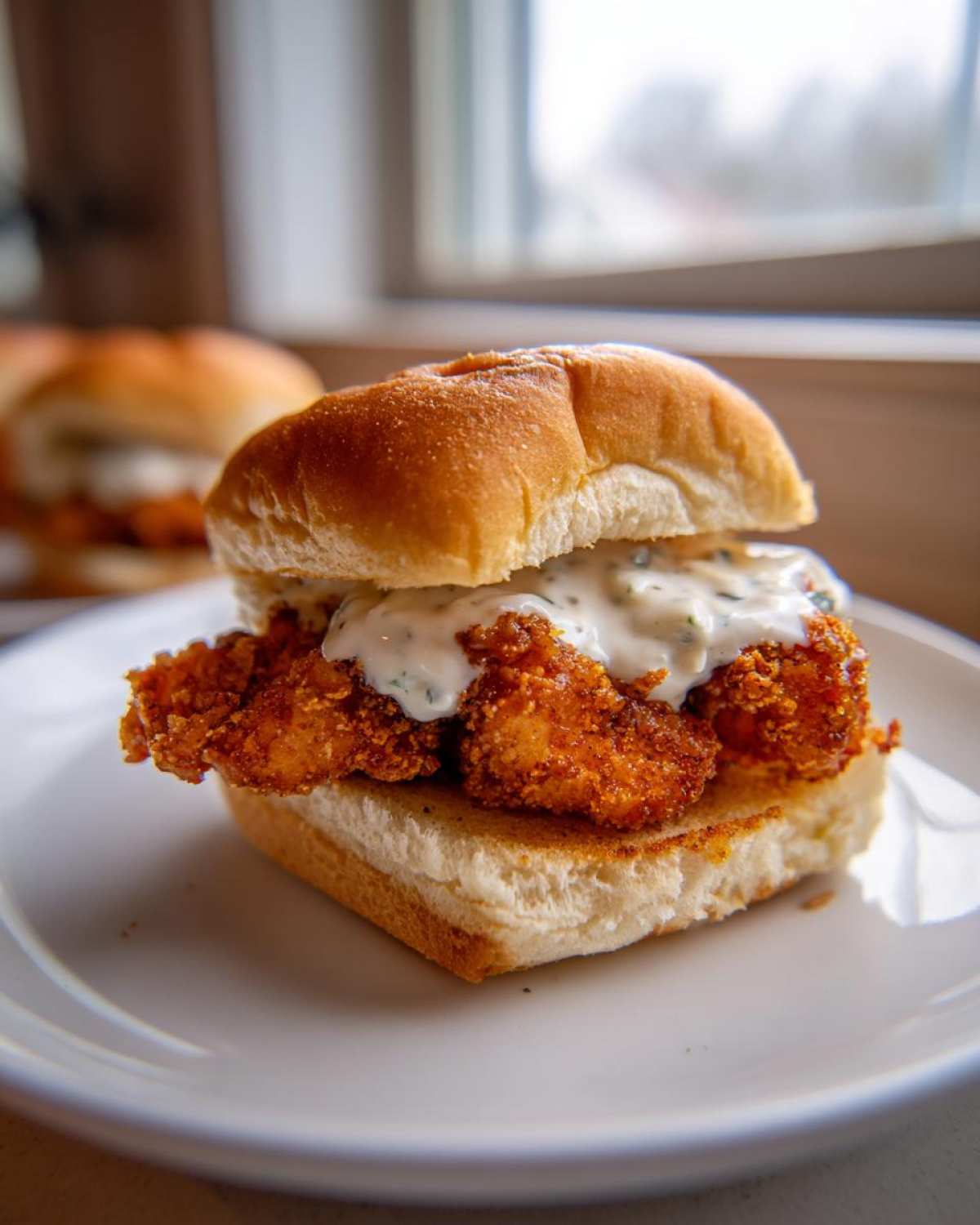 A single, delicious Crispy Chicken Sliders with Garlic Sauce served on a white plate.