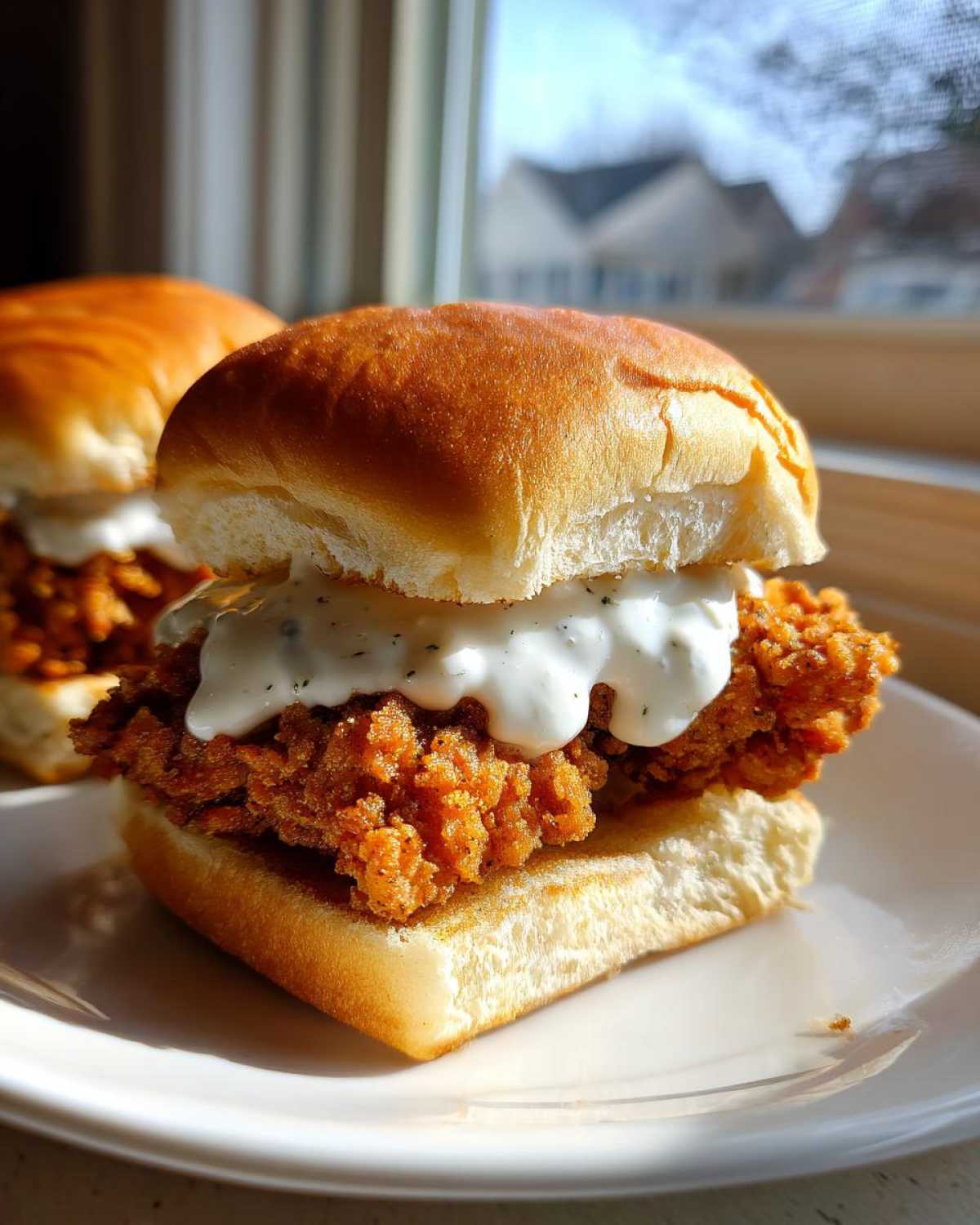 A close-up of one of the Crispy Chicken Sliders with Garlic Sauce, featuring a golden fried patty and creamy white sauce on a soft bun.