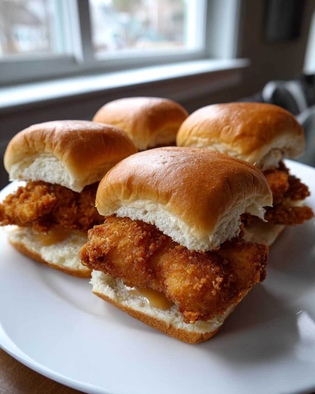 Four Crispy Chicken Sliders with Honey Mustard served on a white plate, featuring golden fried chicken and soft buns.