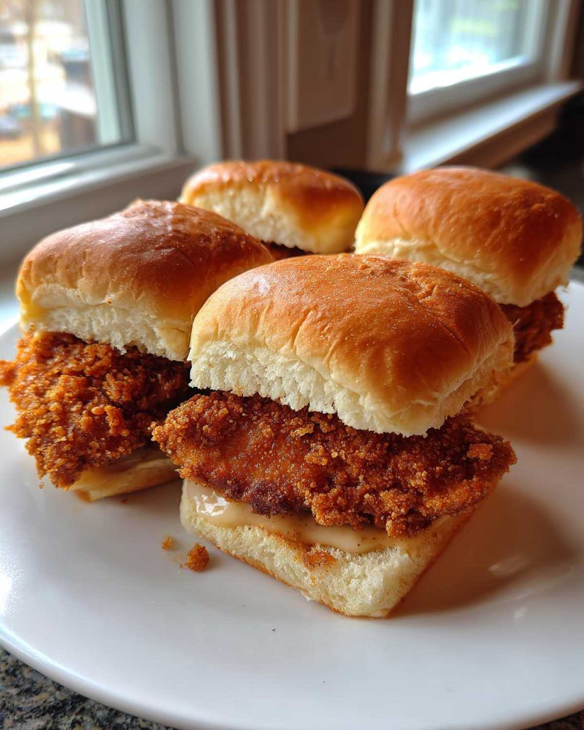 Four close-up Crispy Chicken Sliders with Honey Mustard sauce served on small, soft buns on a white plate.