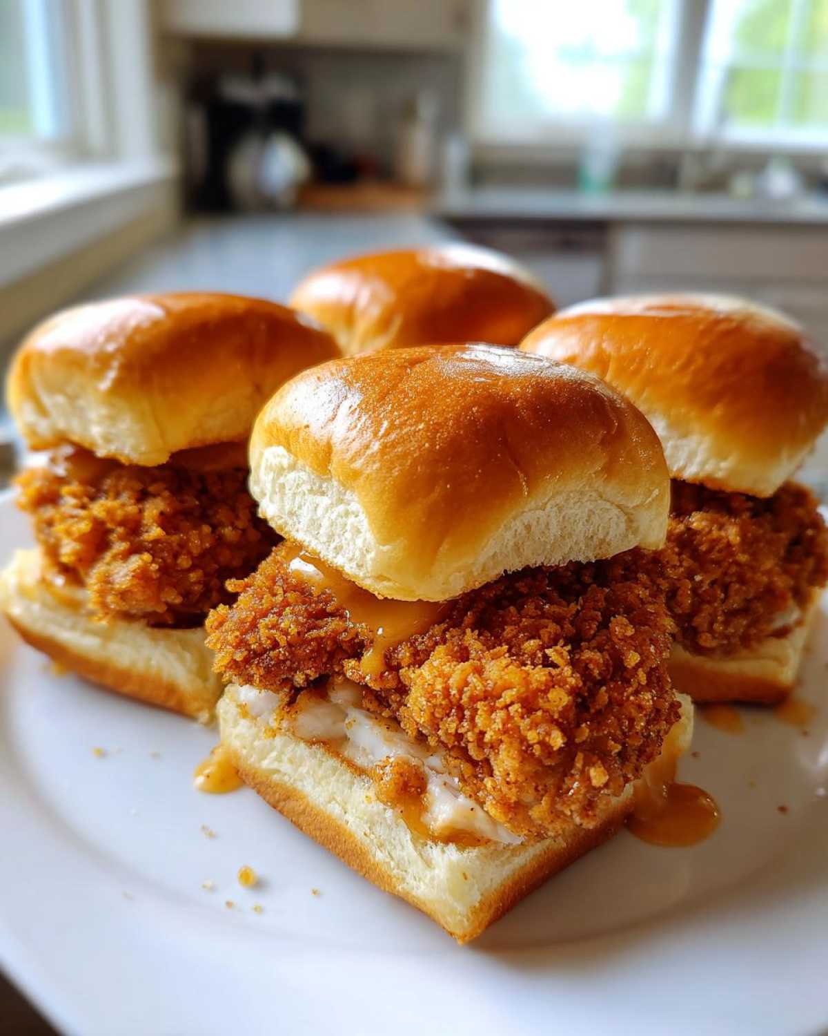 Four Crispy Chicken Sliders with Honey Mustard sauce drizzling over the fried chicken patties on brioche buns.