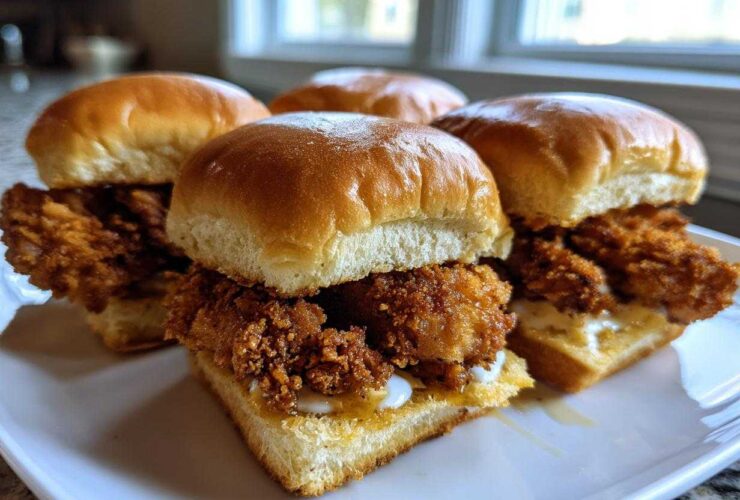 Four Crispy Chicken Sliders with Honey Mustard sauce served on a white plate.