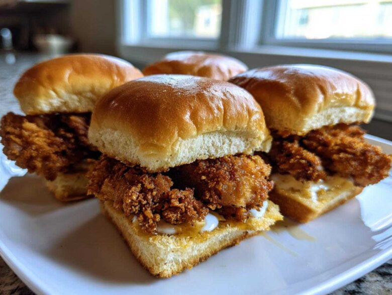Four Crispy Chicken Sliders with Honey Mustard sauce served on a white plate.