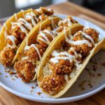 Three crispy chicken tacos filled with breaded chicken pieces, rice, and drizzled generously with a white garlic lime sauce.
